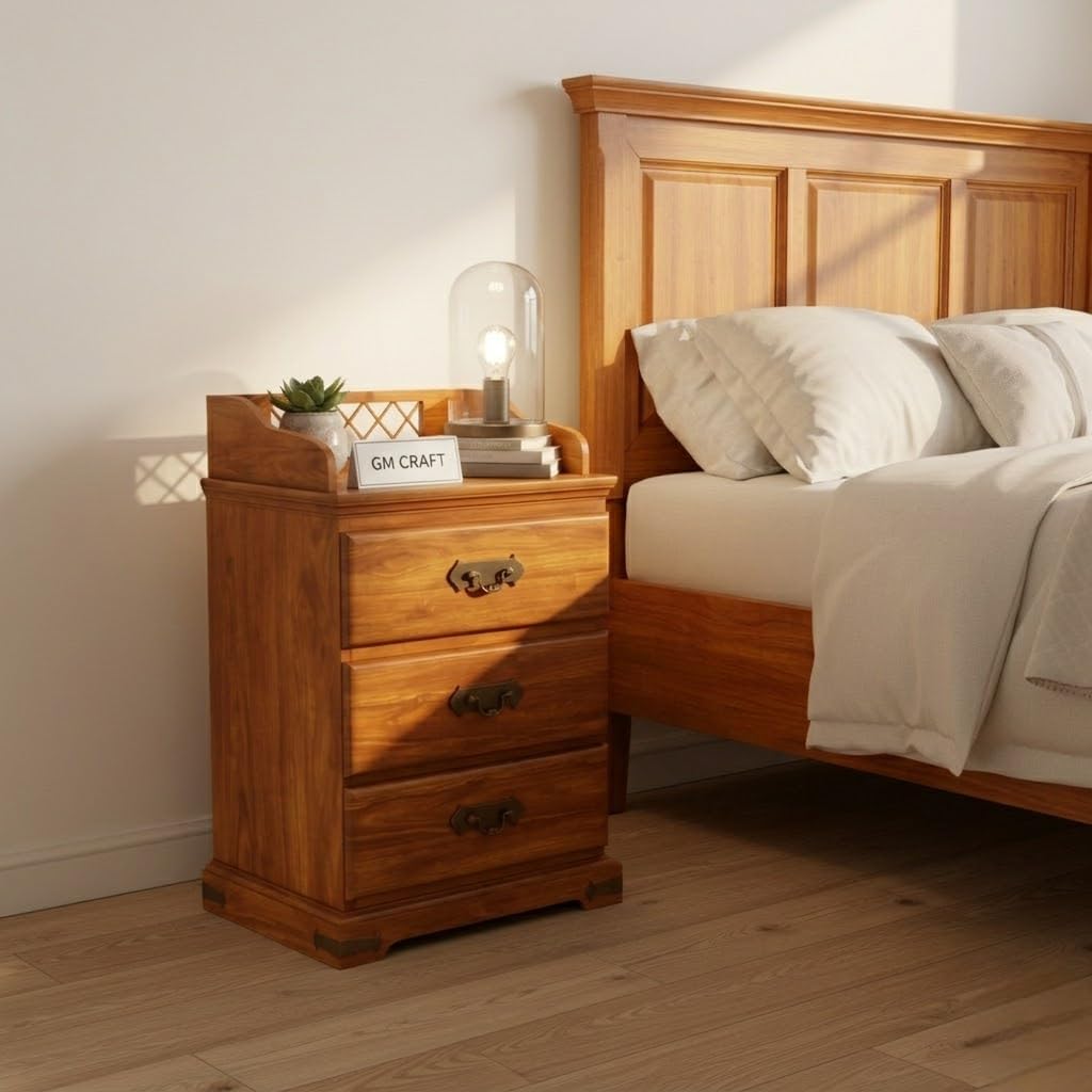Sheesham Wood Bedside Table for Bedroom with 3 Drawer - Wooden Bedside Table with Drawer Storage Nightstand End Table for Living Room Sofa Side Table (Design 18)-picture-40