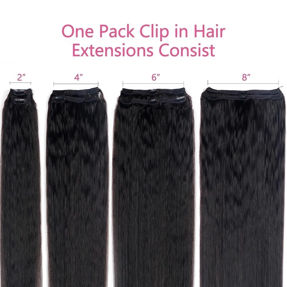 Kinky Straight Clip in Hair Extensions dla kobiet, 8 sztuk, 120 g/zestaw, brazylijskie ludzkie włosy Remy, ludzkie Yaki, naturalny czarny, 40-66 cm (56 cm)