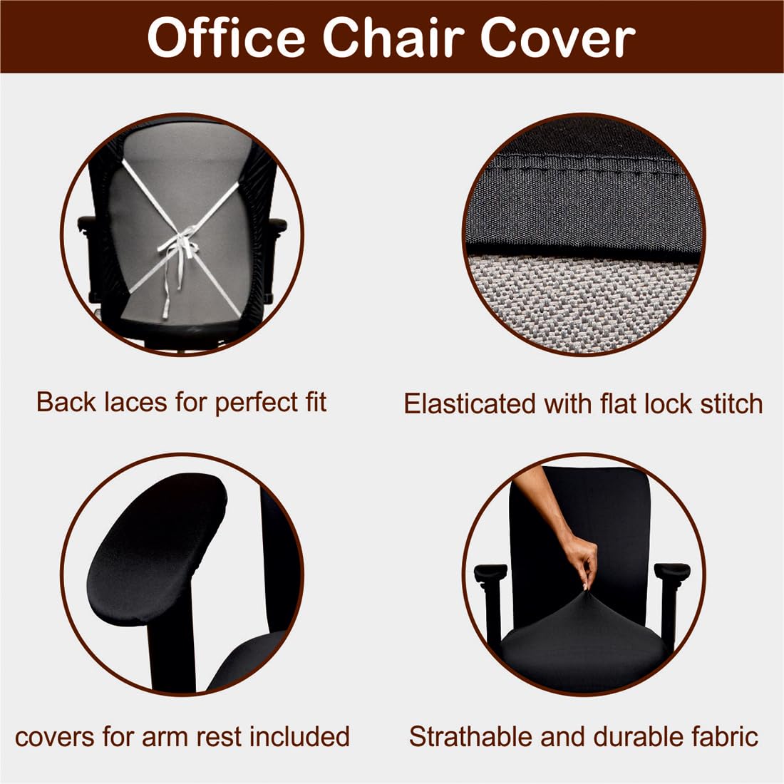 ELEGANTA Polyester Blend Solid Black Office Chair Cover with Armrest Cover Stretchable Removable Washable Cover (Set of 1) 1
