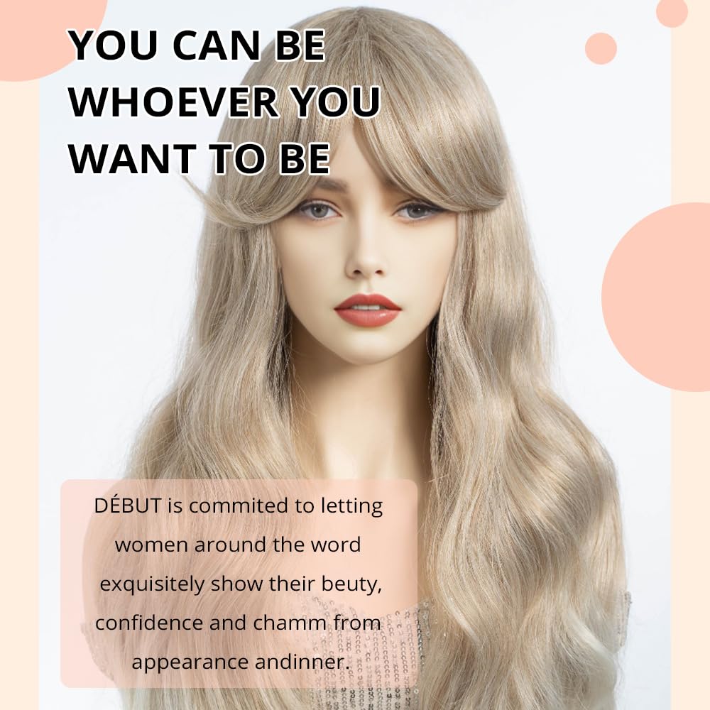 DÉBUT Long Wavy Wig With Fringe for Women Heat Resistant Synthetic Ombre Brown to Blonde Wigs With Bangs for Daily Party Cosplay Use(26 inches - Image 4