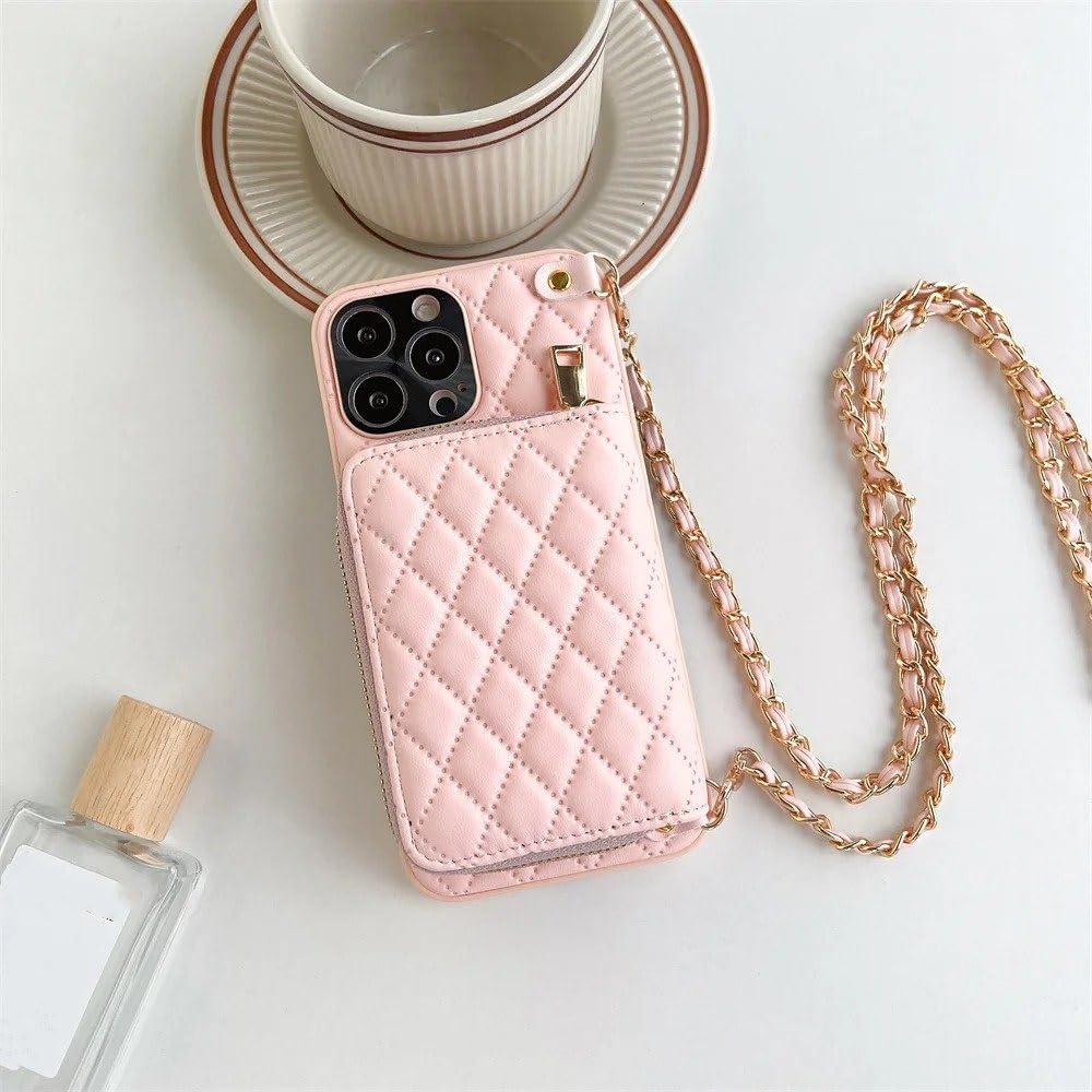 Funda para teléfono con billetera cruzada para iPhone 15 14 13 12 11 Pro Max Soporte para ranura para tarjeta Cordón Correa de cadena Monedero con cremallera Funda de cuero PU, rosa, para iPhone 14 P