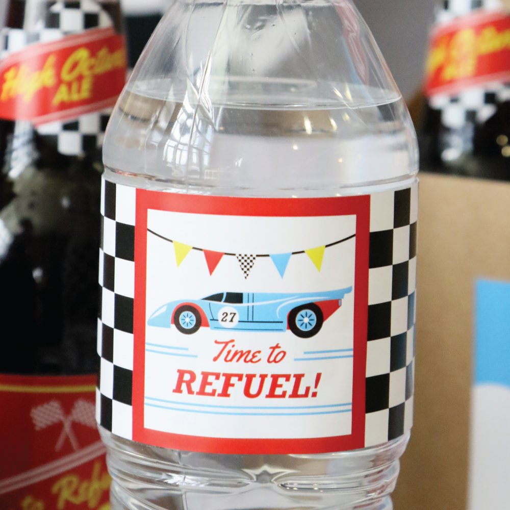 Race Car Birthday Water Bottle Labels - 20 Count Checkered Flag & Racecar Stickers For Party Favors