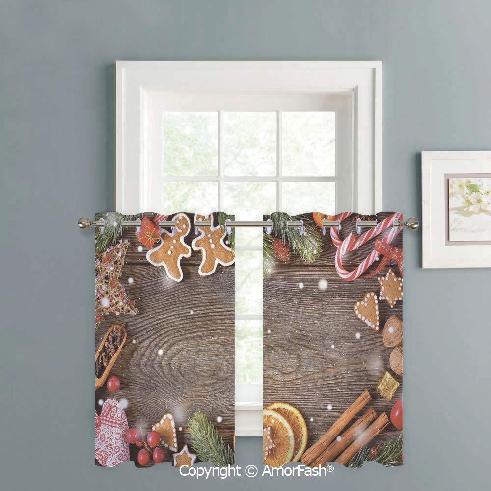 Kitchen Window White Sheer Curtains - High Thread Sheer Voile Draperies with Grommet Top,W42 x L45-Inch,Gingerbread Man Festive Christmas Frame with Spices Biscuits Decorative Elements on Table Decora