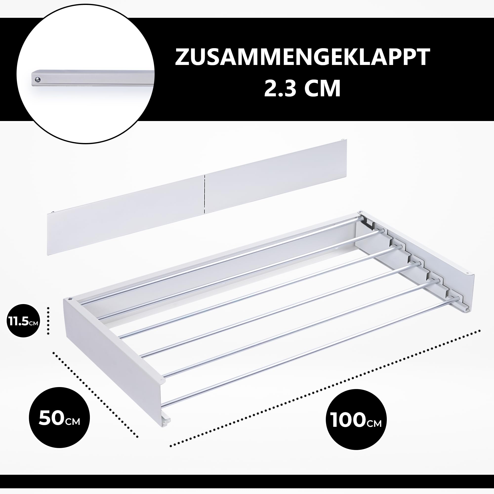 Vonia Wandtrockengestell 100 x 50 cm – Platzsparend & Zusammenklappbar – Robuster Wäschetrockner zur Wandmontage im Badezimmer, auf dem Balkon und in kleinen Wohnungen – Weiß