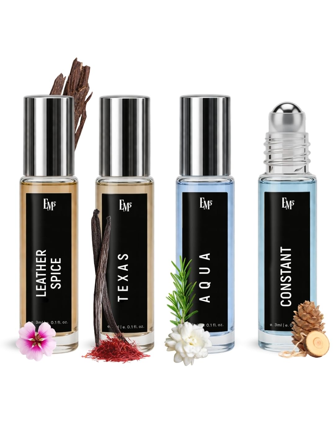 EM5 Concentrated Perfume Roll-On Set for Men | Aqua, Texas, Constant & Leather Spice | Aquatic, Woody, Musky & Leather Fragrance | 100% Alcohol Free & Travel Friendly Attar | Strong & Long Lasting Roll On Perfume | Luxury Gift for Him | 3ml x 4-image-6