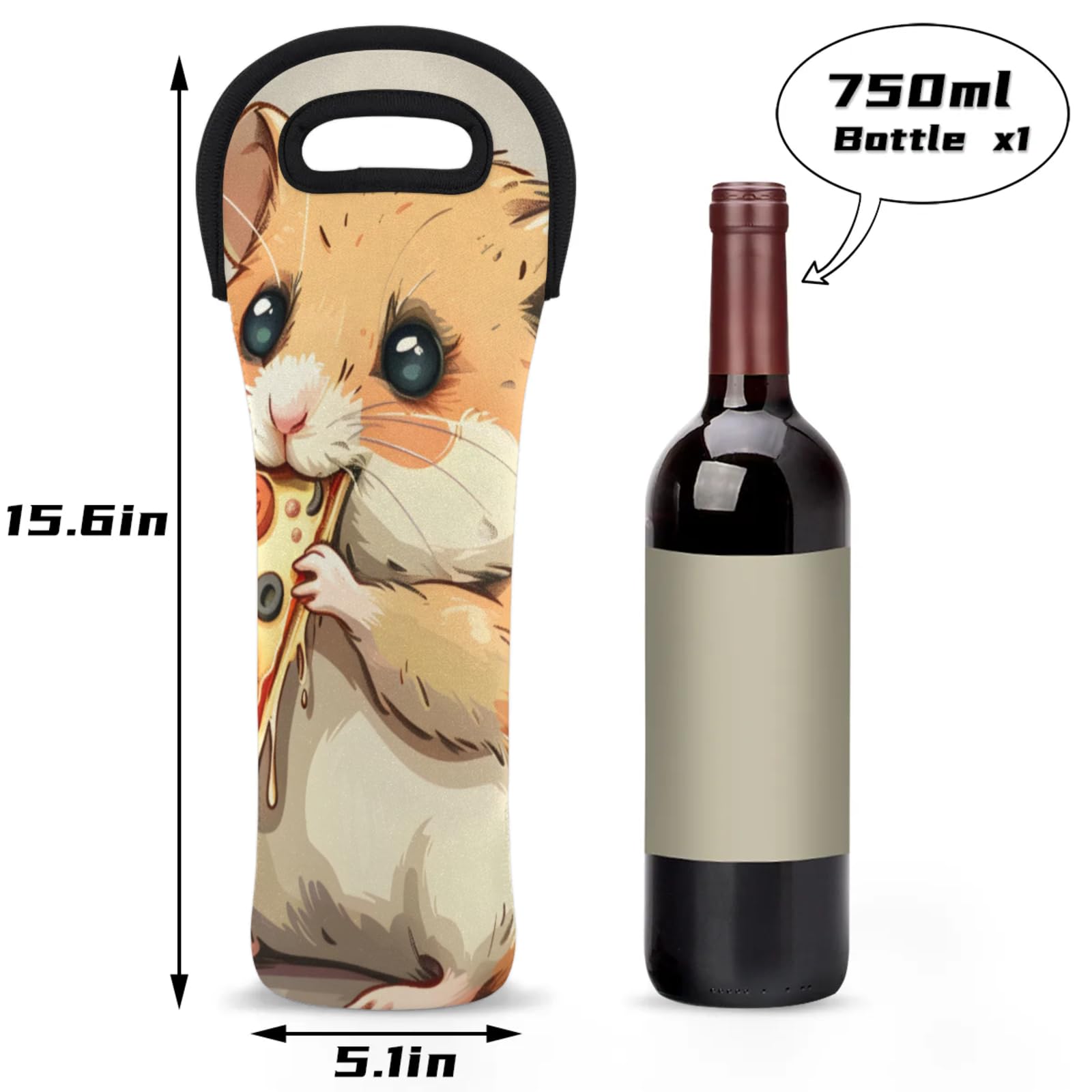 Neoprene Wine Tote Carrier Bag for Wine,Water, Champagne, Beer, Baby Bottles 15.6 x 5.1 Inches, Protective Wine Bag,Hamster Eating