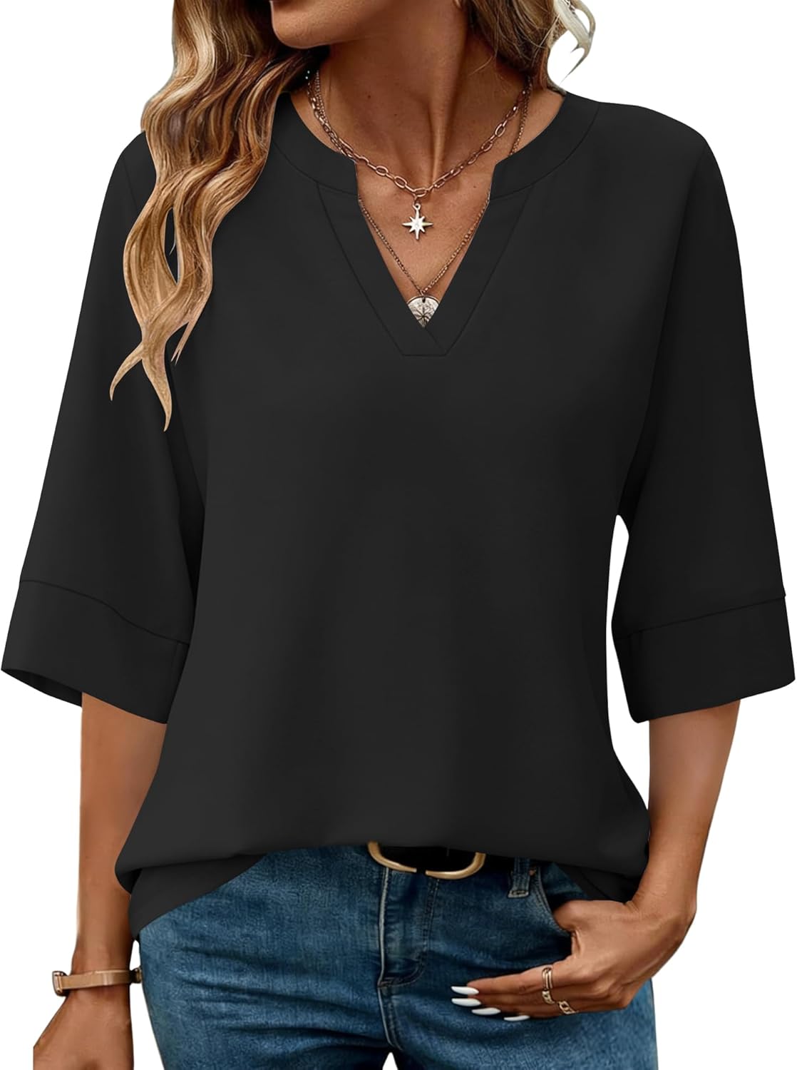 LOMON Women's Dressy 3/4 Length Sleeve Tops Business Casual Blouses Summer Tees Shirts - Image 2