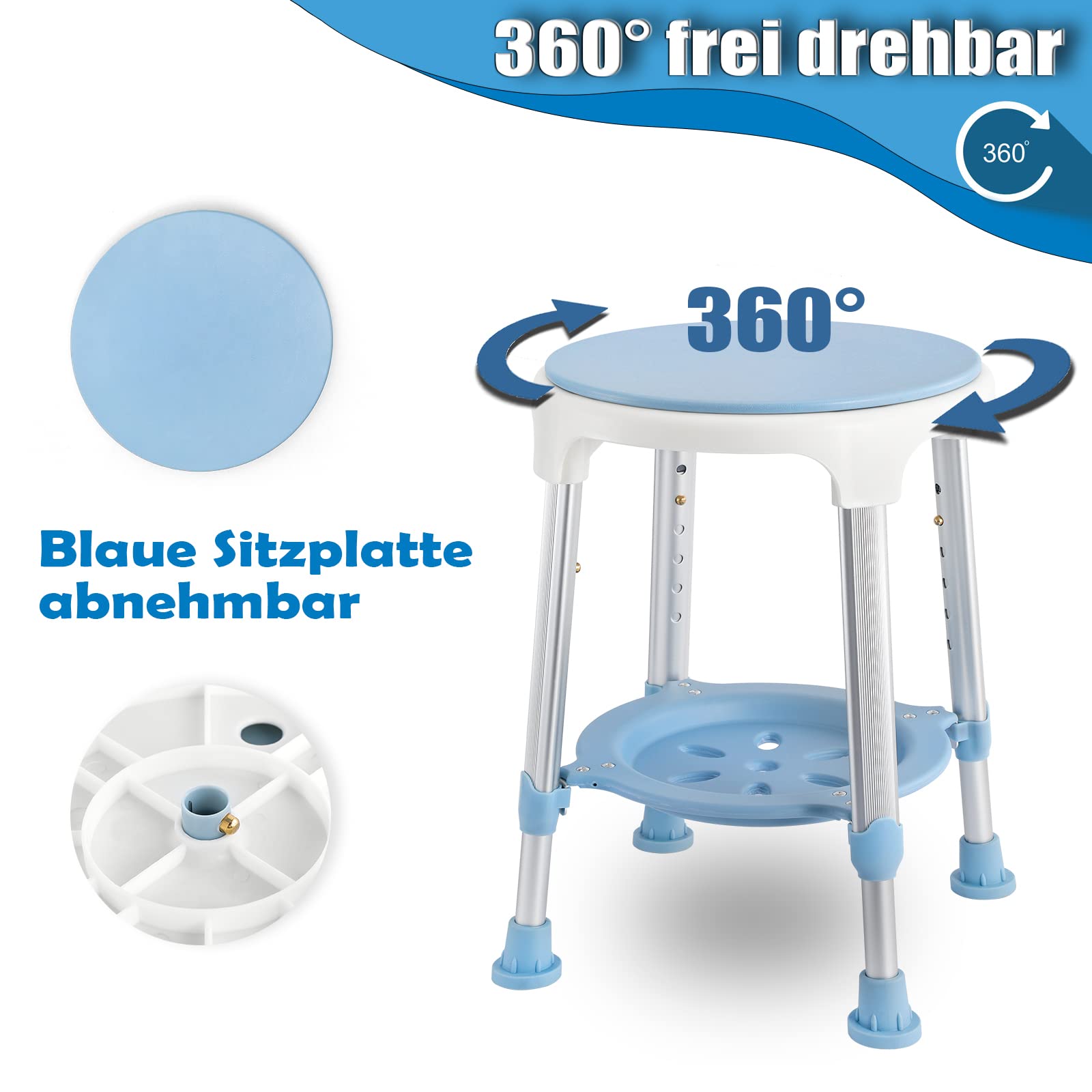 LZQ LZQ-(HAG1326) - Sgabello da doccia regolabile in altezza, girevole a 360°, portata fino a 150 kg, per doccia, per anziani, 54,5 cm