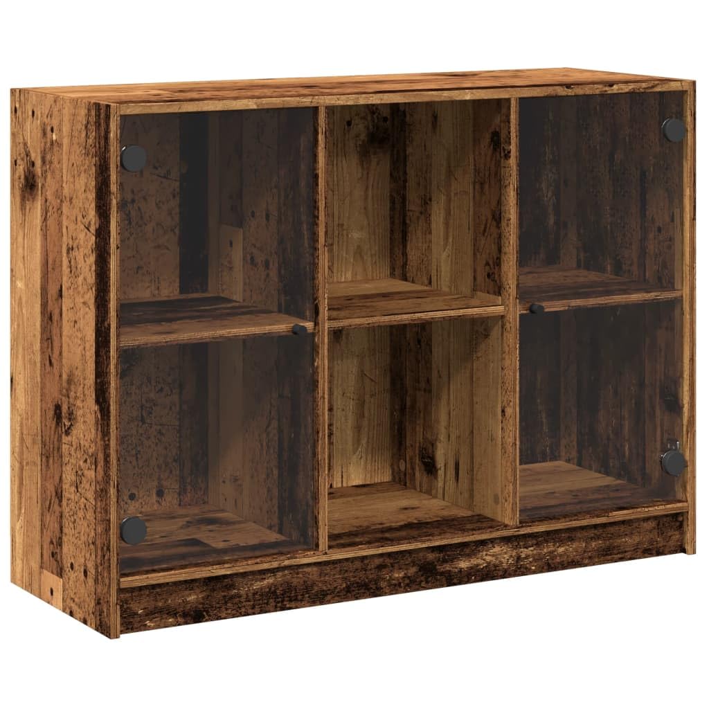 Kredens o wyglądzie starego drewna 102 x 37 x 75,5 cm, materiał drewnopochodny, szkło, z 6 półkami, miejsce do przechowywania książek, jako szafka bufetowa