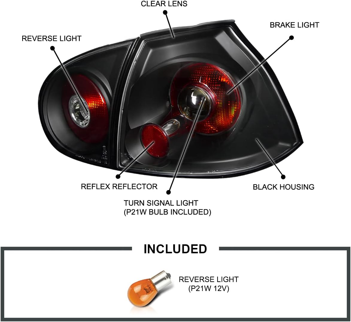 Spec-D Tuning JDM Black Tail Lights Compatible with 2006-2009 Volkswagen Golf MK5 GTI Rabbit R32, Left + Right Pair Assembly