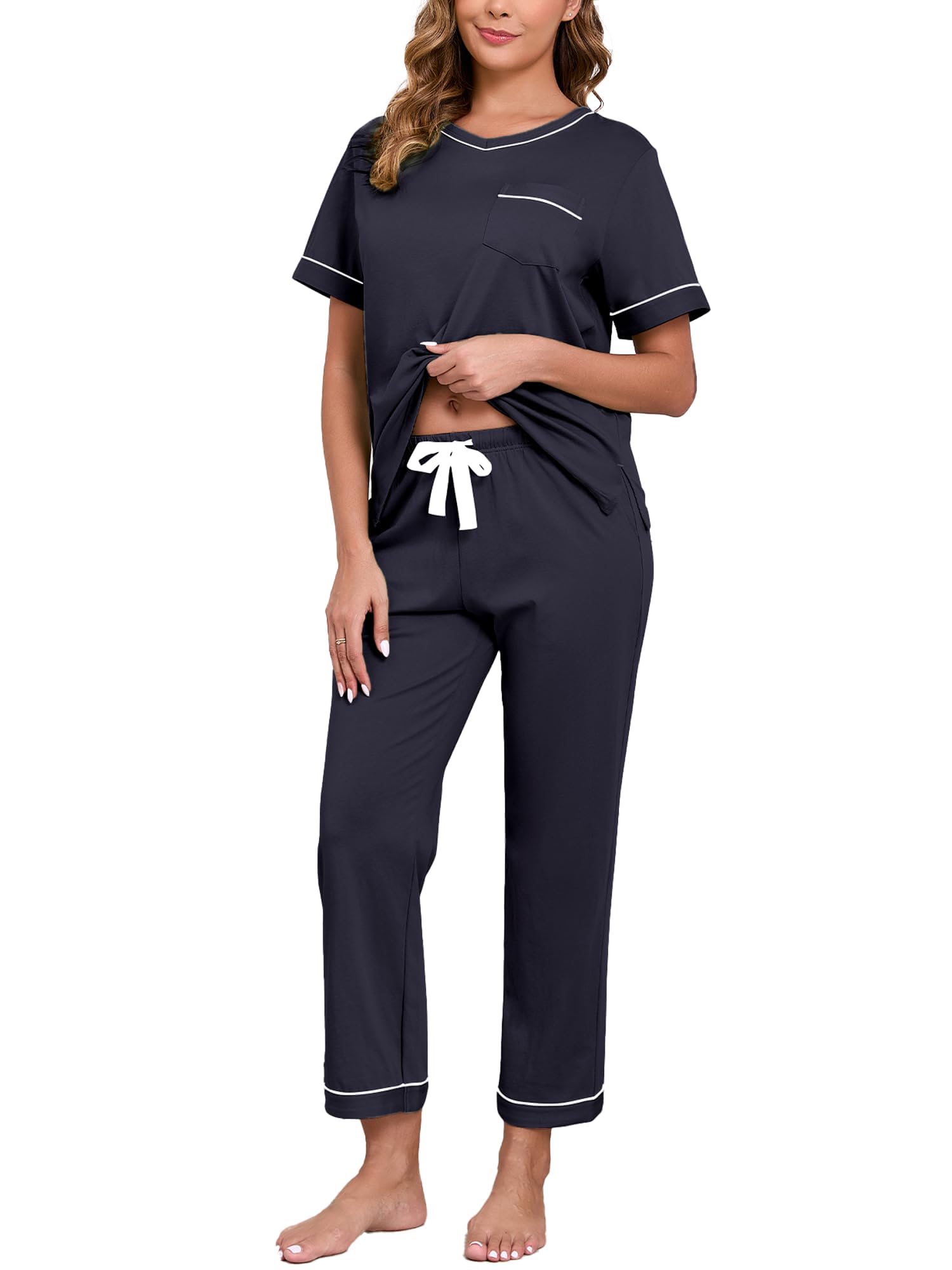 ANLIQI 100% Baumwolle Damen Schlafanzug Set Sommer leicht Kurzarm V-Ausschnitt Freizeit Schlafanzug mit Hose