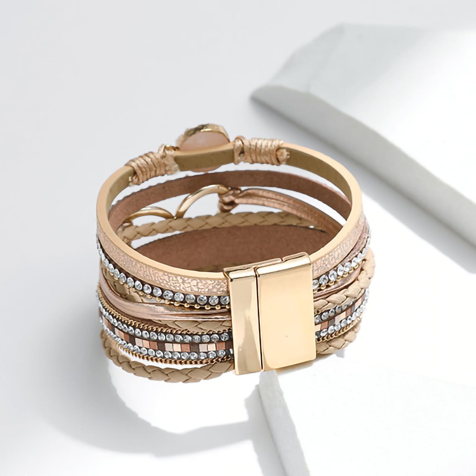 Fesciory Leopard Bracelet for Women, Boho Leather Wrap Multi-Layer Pearl Crystal Bracelet Bangle Jewelry