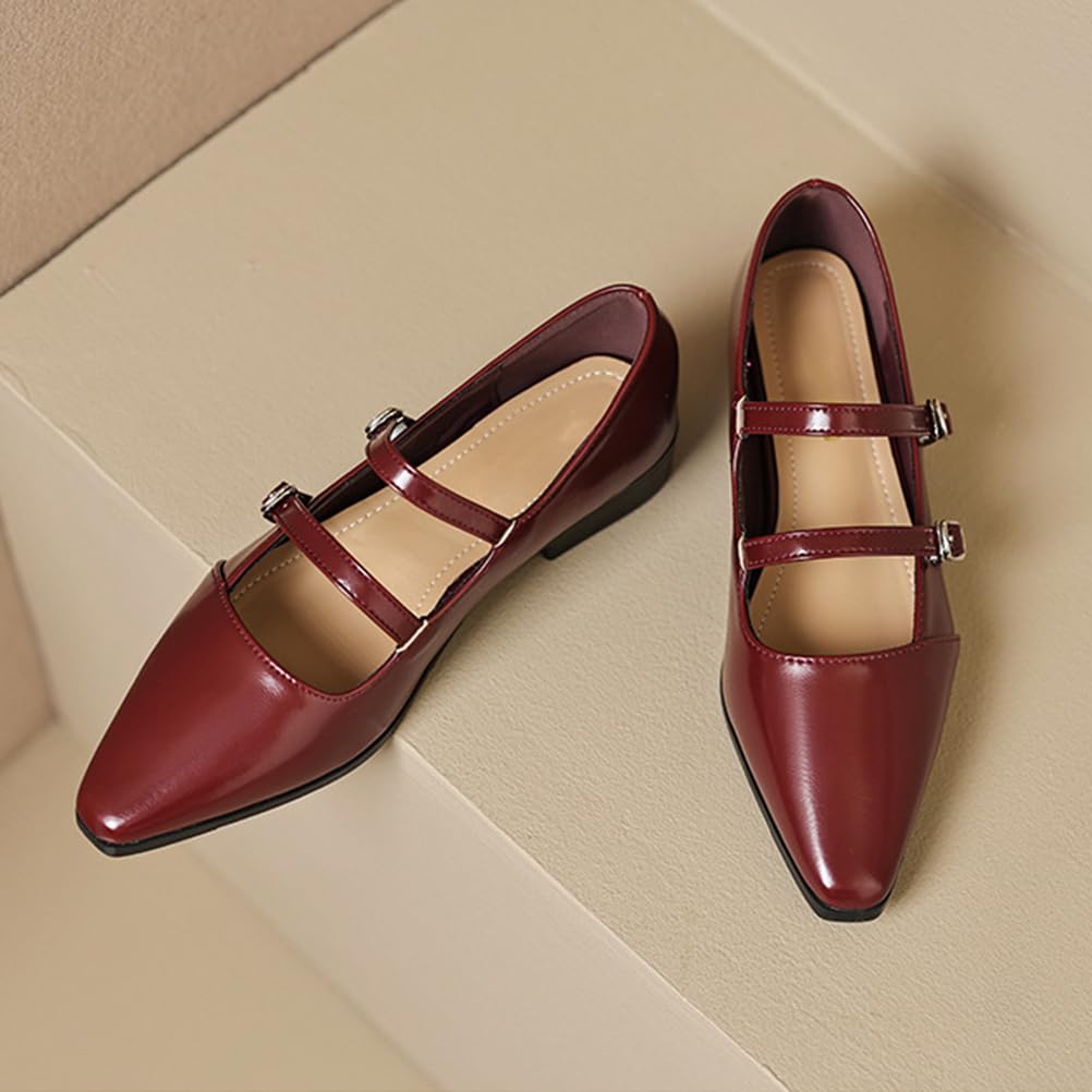 Damskie buty z podwójnym paskiem Mary Jane Flats, szpiczasty nosek z klamrą - dostępne w kolorze morelowym, czarnym i bordowym