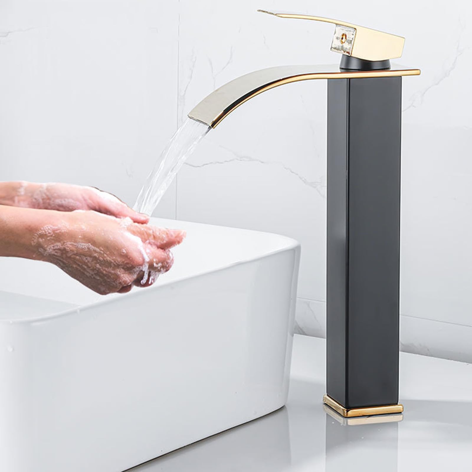 Wasserhahn Bad Hoch Wasserfall Warm Und Kalt-Einhebel-Waschtischarmatur Edelstahl Armatur Aufsatzwaschbecken,schwarz+gold