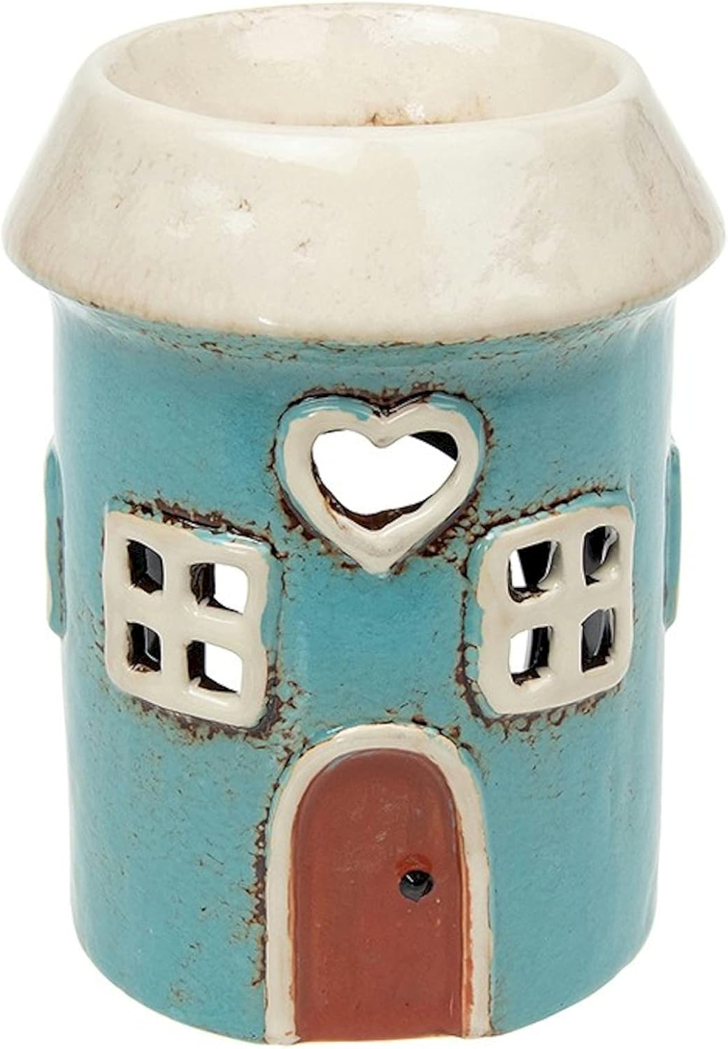 Shudehill Giftware Village Pottery Round Blue House Ceramic Tealight Holder and Warmer for Wax Melts and Oil