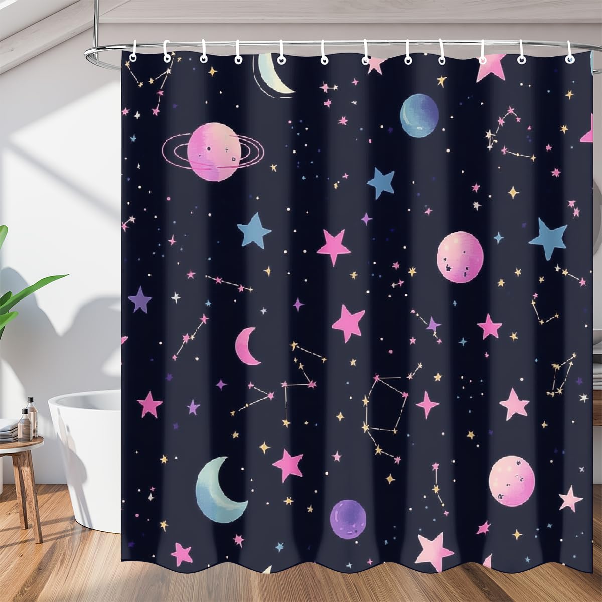 Mexpekil Shower Curtains 48x72 Inches, Cute Cartoon Stars Planets Waterproof Bathroom Curtains with 12 Hooks, Bath Curtain for Bathtub Shower Stall (122x183cm)