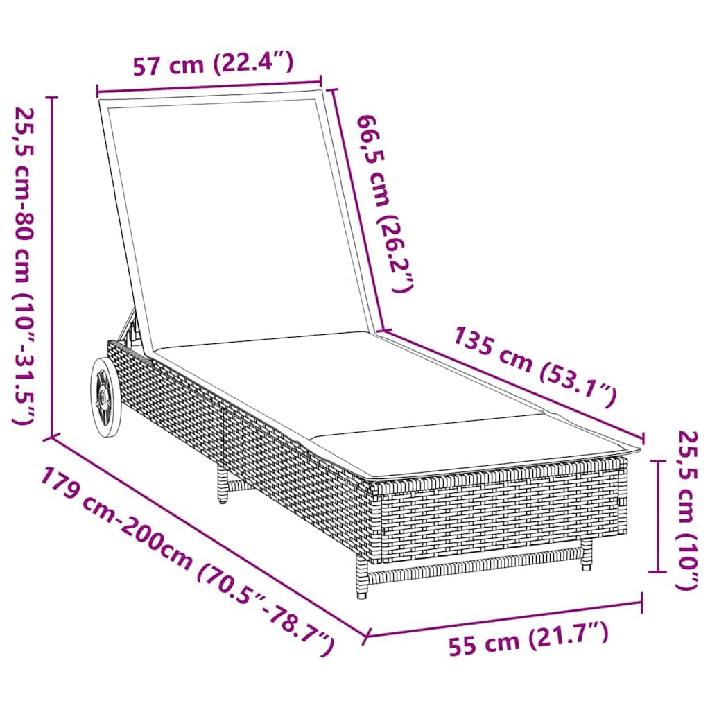 vidaXL Lettino Prendisole con Ruote e Cuscino Polyrattan Grigio Chiaro
