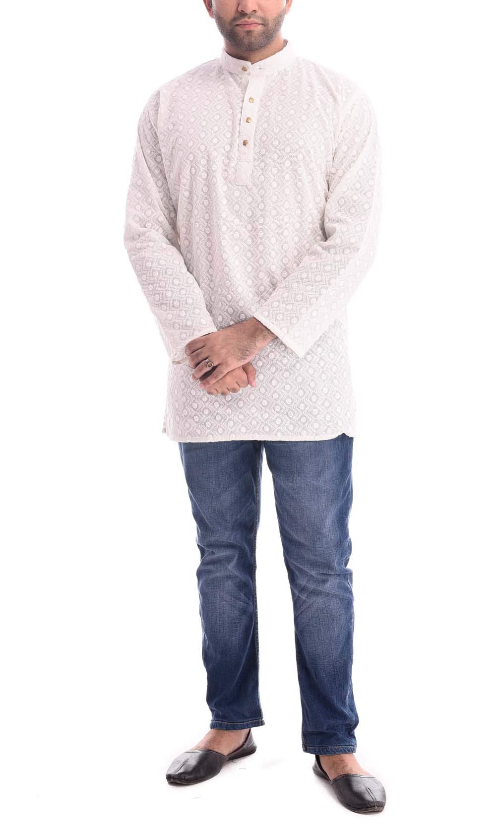 Kurta corta de algodón para hombre camisa bordada estilo hindú cuello mao ligera 5