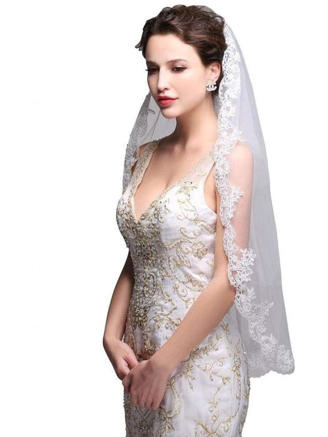 SalliyWedding Veil 1T Fingertip Length Lace Veil for Bride Embroidered Veil With Comb Wedding Headpiece for Women and Girls (White)