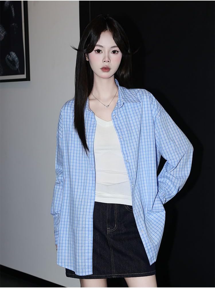 Women's Blue08 Plaid Shirt Summer Long Sleeve Layering Shirts for Women