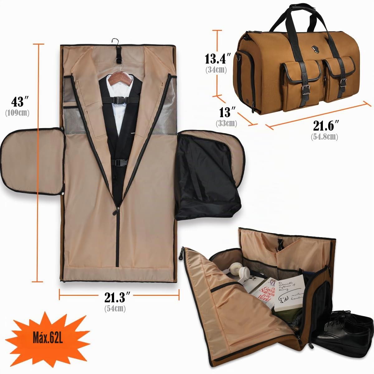 WELKINLAND Bolsas de lona para ropa 48H para viajes, bolsa de ropa de mano con 10 bolsillos, 3 bolsas de viaje para trajes, bolsa de lona 2 en 1 de medio día, bolsa de ropa convertible, bolsa de ropa