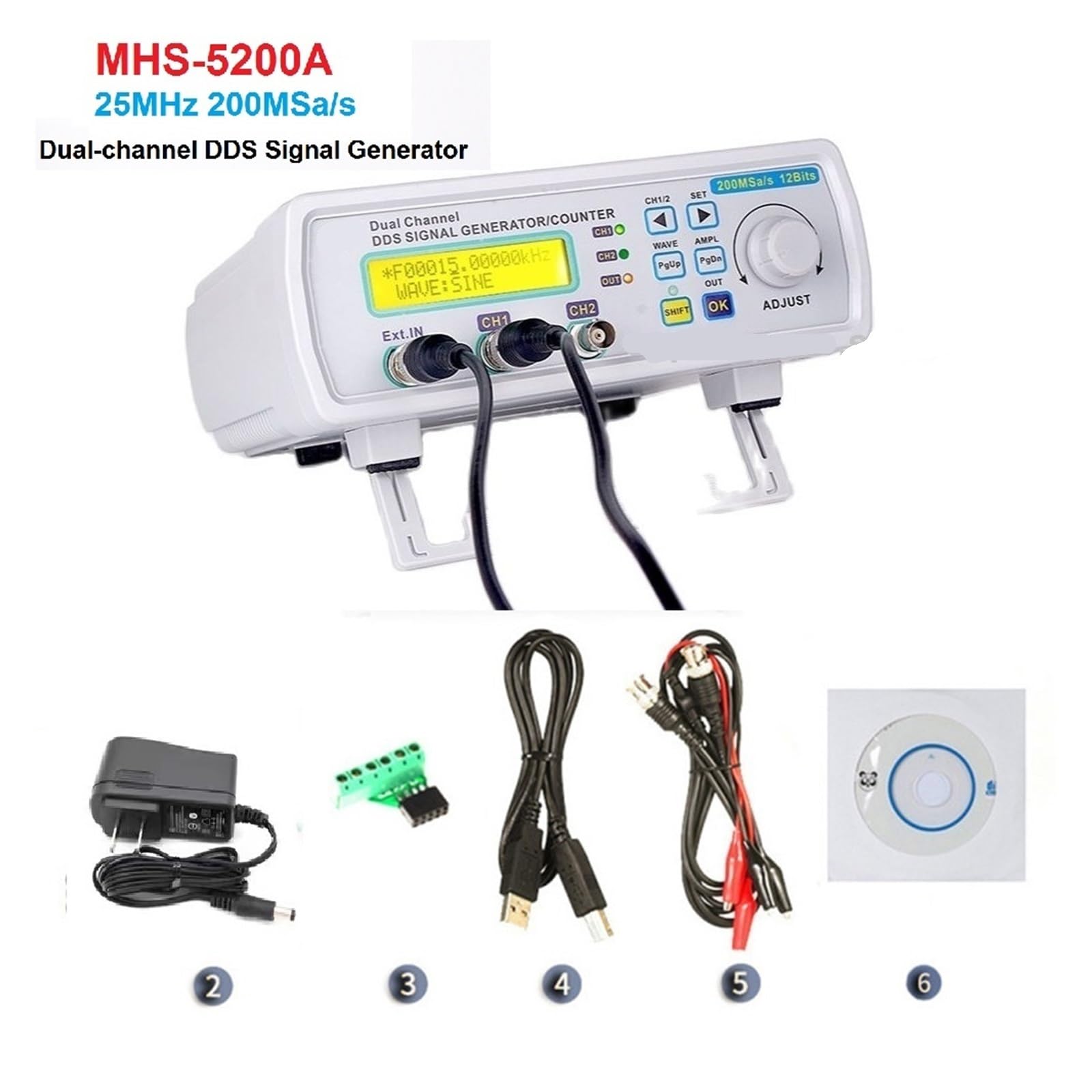 MHS5200 25MH/z 200MSa/s Generatore di segnale DDS digitale a doppio canale FPGA Oscilloscopio a forma d'onda arbitraria