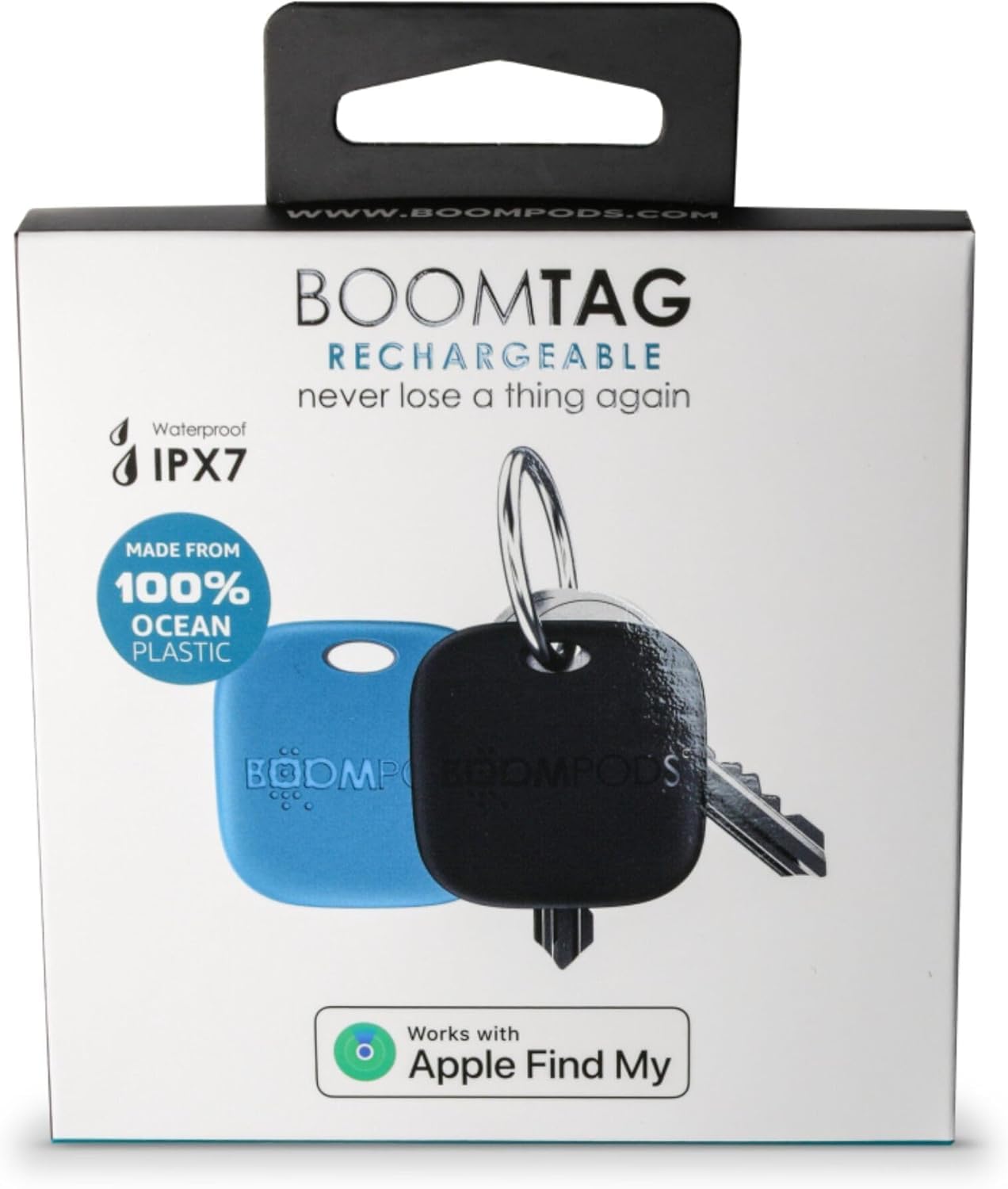 Boompods Boomtag Ricaricabile Tracker Tag, Confezione da 2 - Mini Localizzatore Tag compatibile con Apple Find My App, Impermeabile IPX7, Bluetooth Trova Oggetti per Portafogli, Bagagli, Bambini