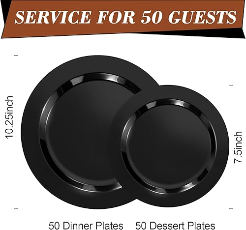 Miniatura 2 de 100 platos de plástico negro, platos de plástico desechables resistentes con 50 platos llanos de 10.25 pulgadas y 50 platos de postre de 7.5