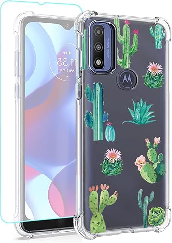 Funda transparente compatible con Moto G Pure 2021/Moto G Power 2022 con protector de pantalla de vidrio templado, bonita funda protectora de TPU