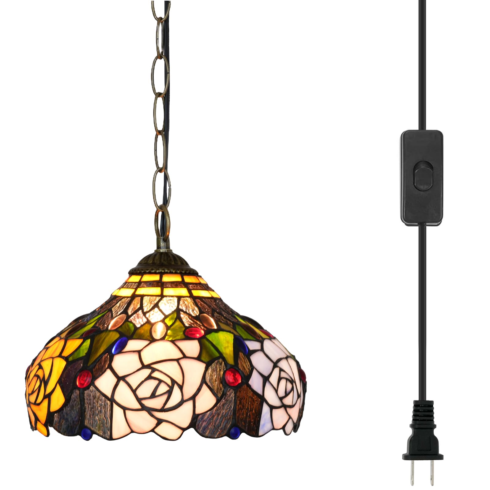 Tiffany Pendelleuchte Rose Blumen Buntglas Hängelampe 12 Zoll Antik Stil Plug in Licht für Haus Küche Insel Esszimmer Wohnzimmer Flur Theke Bar
