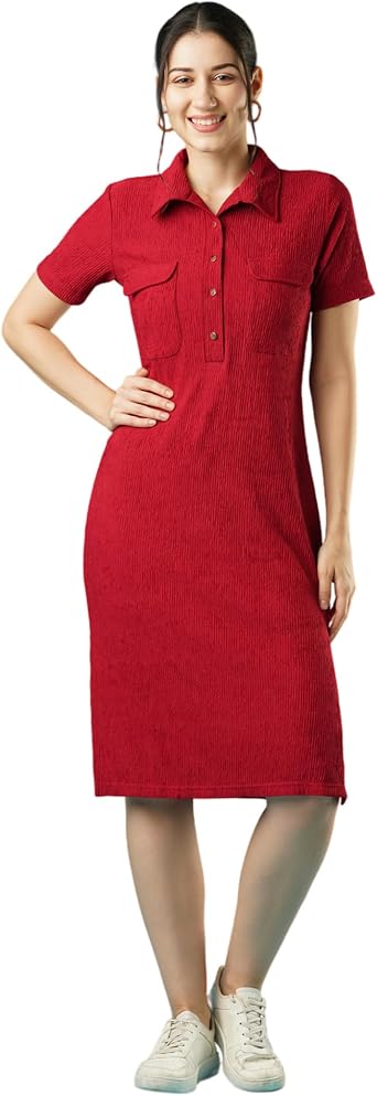 Women Maroon Self Design Shirt Collar Pocket Detail Midi Sheath Dress