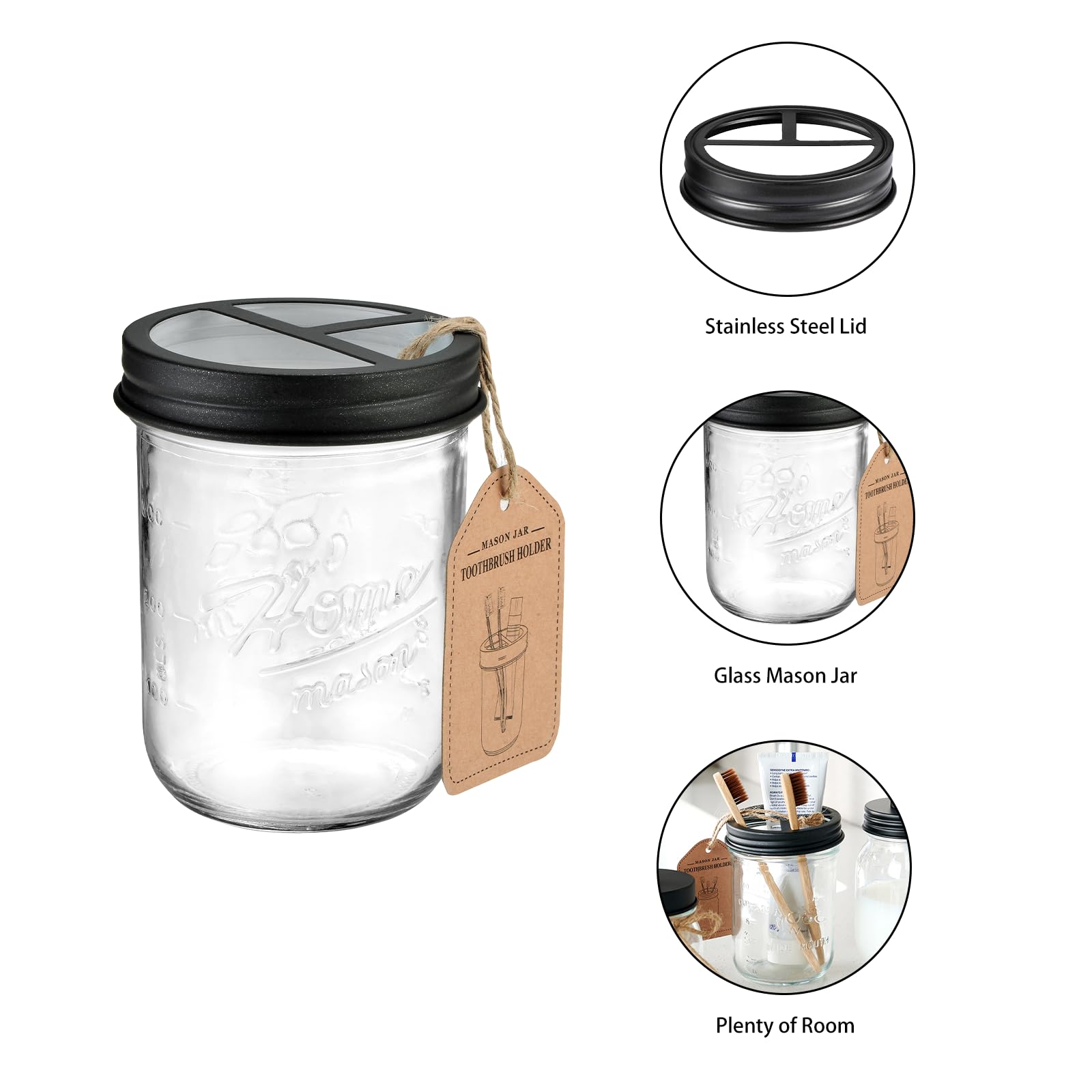 SheeChung Juego de accesorios de tarro Mason, juego de 2 accesorios de baño de vidrio, soporte para cepillo de dientes, dispensador de jabón de loción para decoración rústica de granja, decoración de