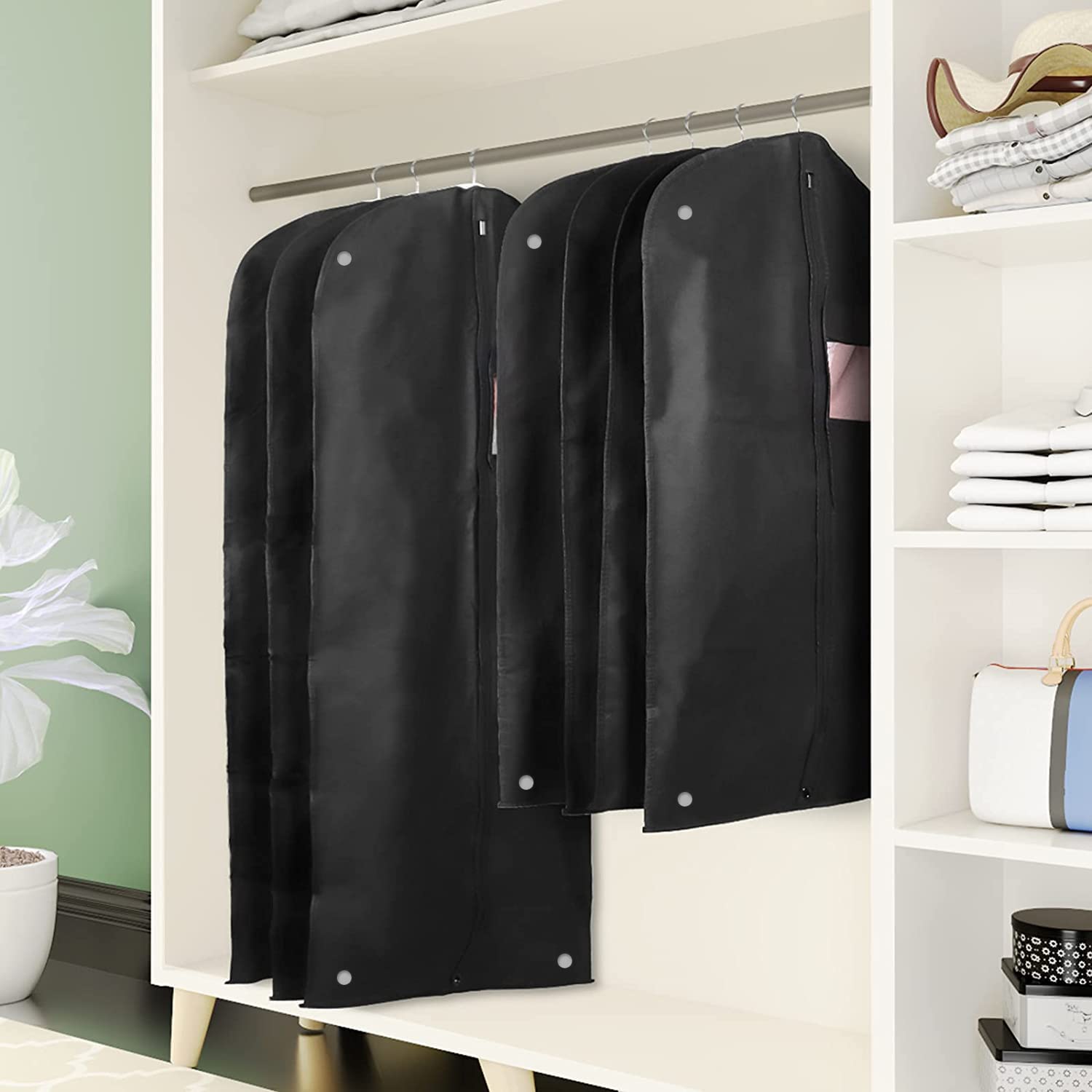 Pack of 6 Dress Garment Bag [60 * 165(cm)24''x65''] Dust-Proof with Study Full Zipper for Closet Storage and Travel Black (ST-6 Pack)