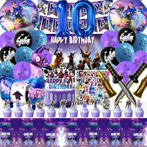 104 peças Fortnit Set de aniversário, decoração de 10 anos, balões, jogos de festa, decoração de bolo, autocolantes, banners, festa infantil
