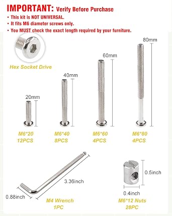 Crib Screws Bolts Hardware Replacement Kit, 28 Set M6x20/40/60/80mm Hex Bolts & M6x12mm Barrel Nuts with Wrench - Verify Size Compatibility Before Purchase