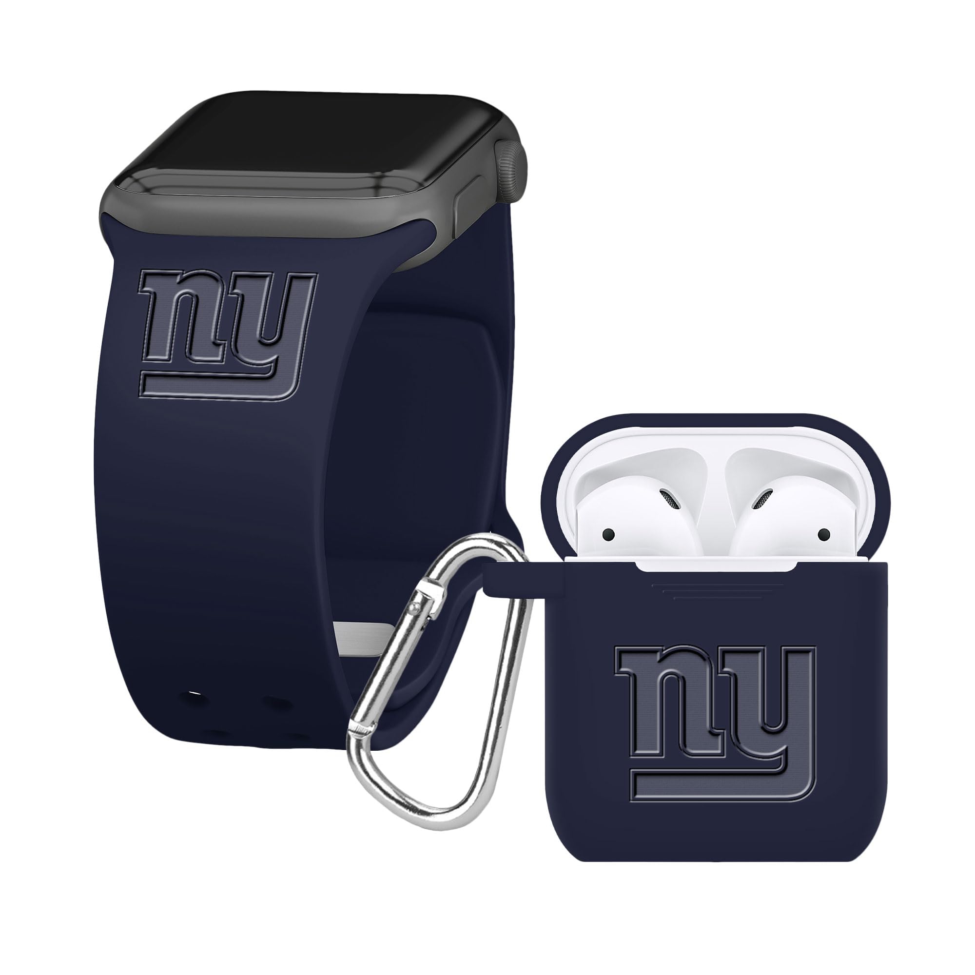 Game Time New York Giants Engraved Silicone Combo Package Compatible with Apple Watch and AirPods Battery Case (38/40mm Navy/Navy)