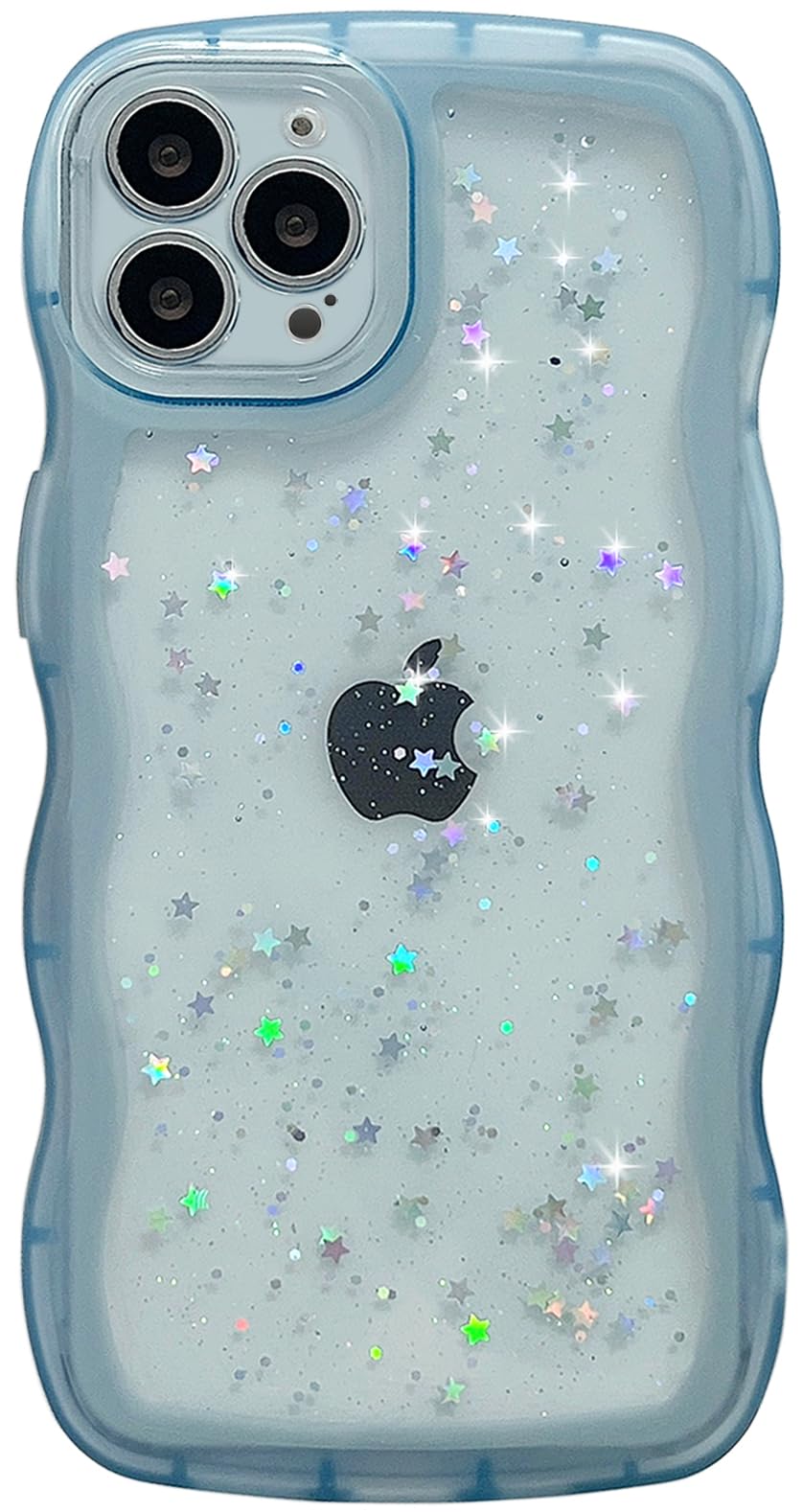 Qokey for iPhone 14 Pro Case 6.1" Curly Wave Edge Design Transparent Bling Glitter Star Shiny Cute Clear Transparent Full Protection Soft TPU