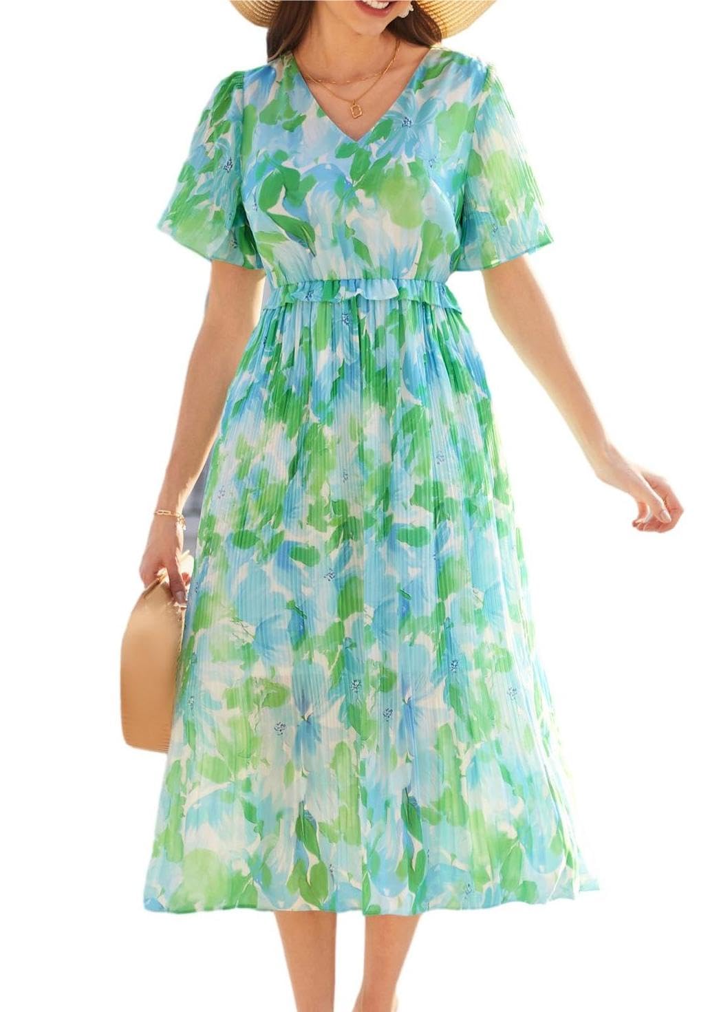 GRACE KARIN Vestido de verano para mujer, estampado floral, cuello en V, plisado, línea A, volantes, vestido de playa