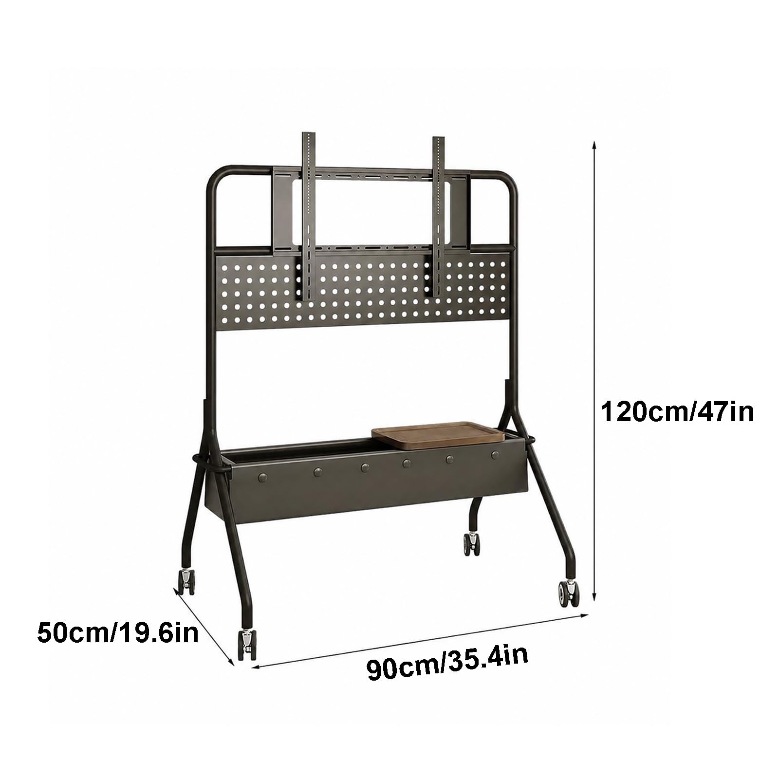 Supporto TV Mobile con Ruote, Carrello TV Mobile | Acciaio al Carbonio, Ruote Bloccabili, Scatola Portaoggetti, Pegboard DIY(Black)