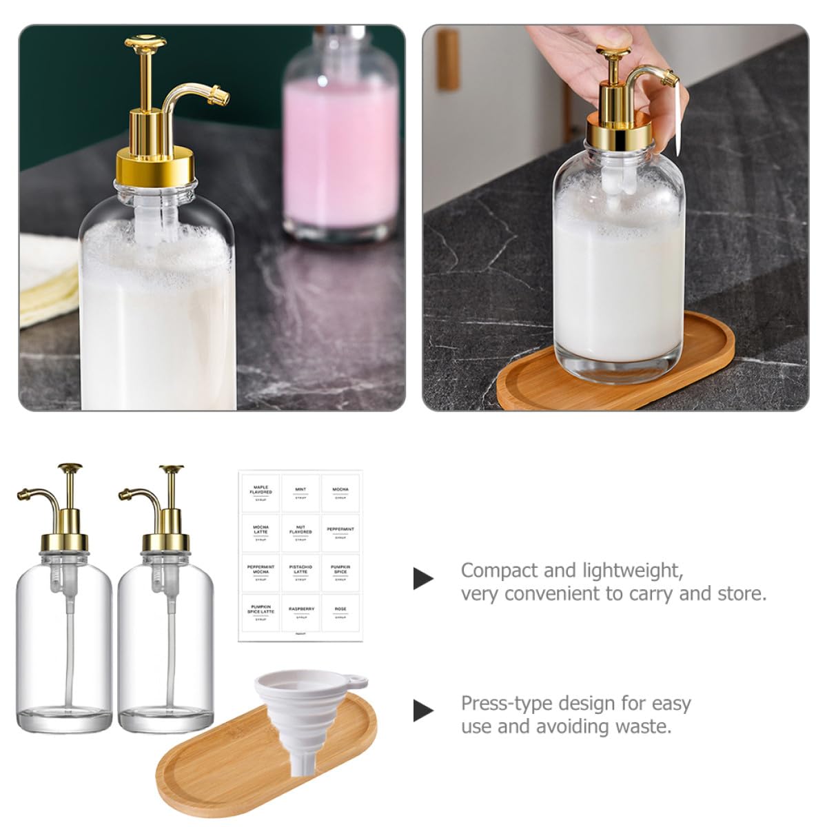 Distributeur de Savonnette Liquide en Verre 500 ML Lot de 2 Flacons Transparents Pompe Dorée Accessoire la Cuisine et Salle de Bain Inclut Entonnoir Stickers et Plateau