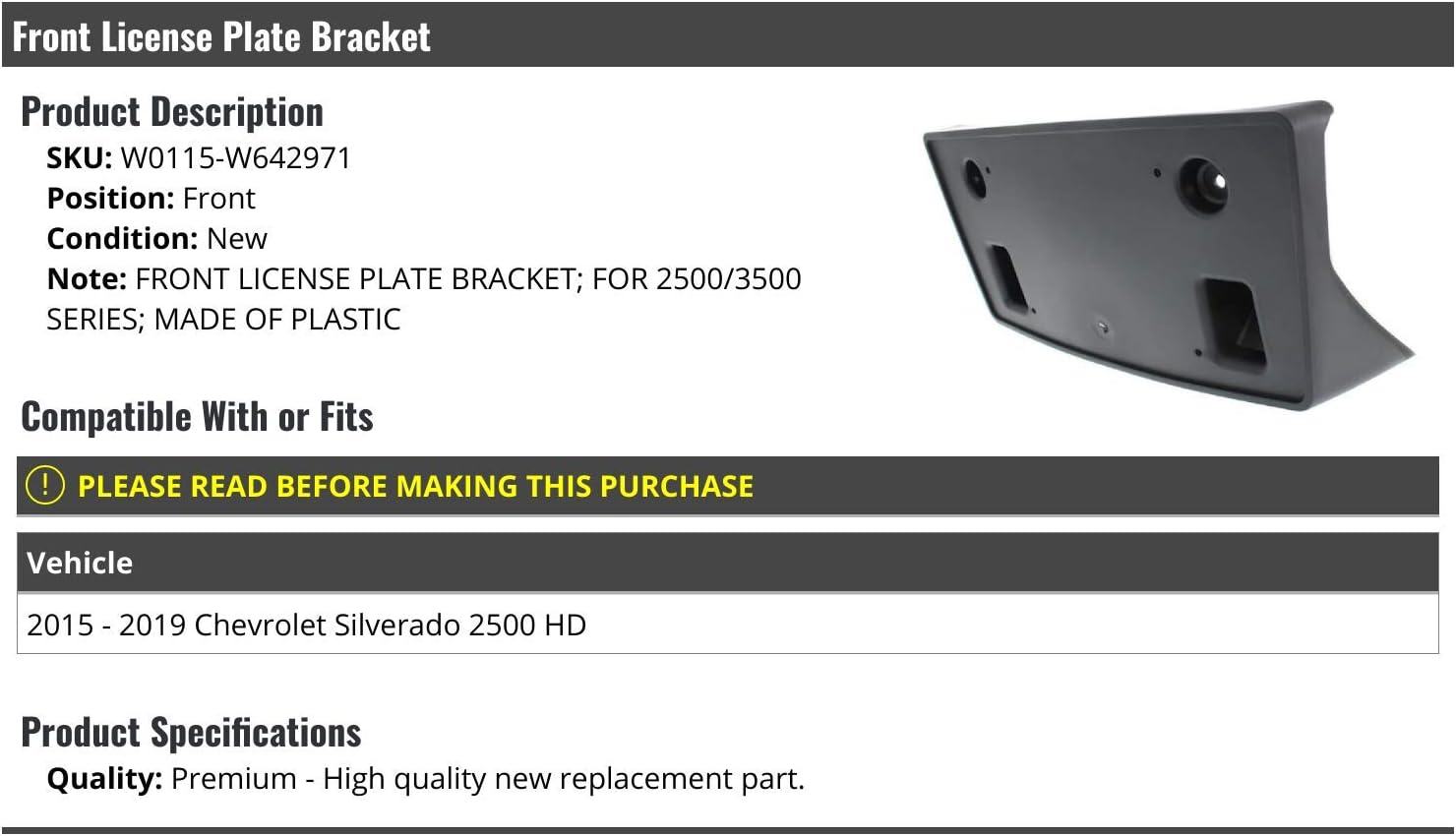 Front License Plate Bracket - Compatible with 2015-2019 Chevy Silverado 2500 Hd