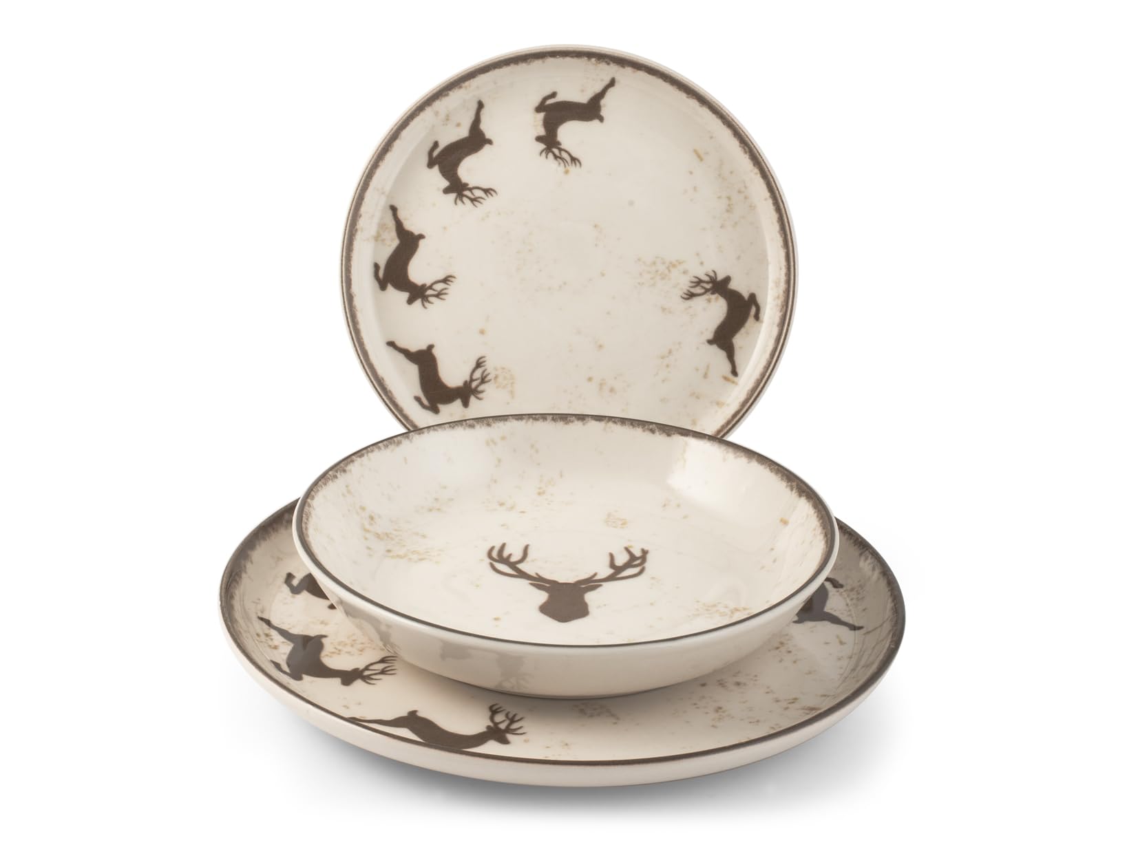 H&H Juego de Mesa Navidad 12 Piezas Wild Mocha en Gres - Platos Planos, Sopas y Postres con Diseño Tradicional y Acogedor, Ideal para Celebraciones Invernales y Festividades