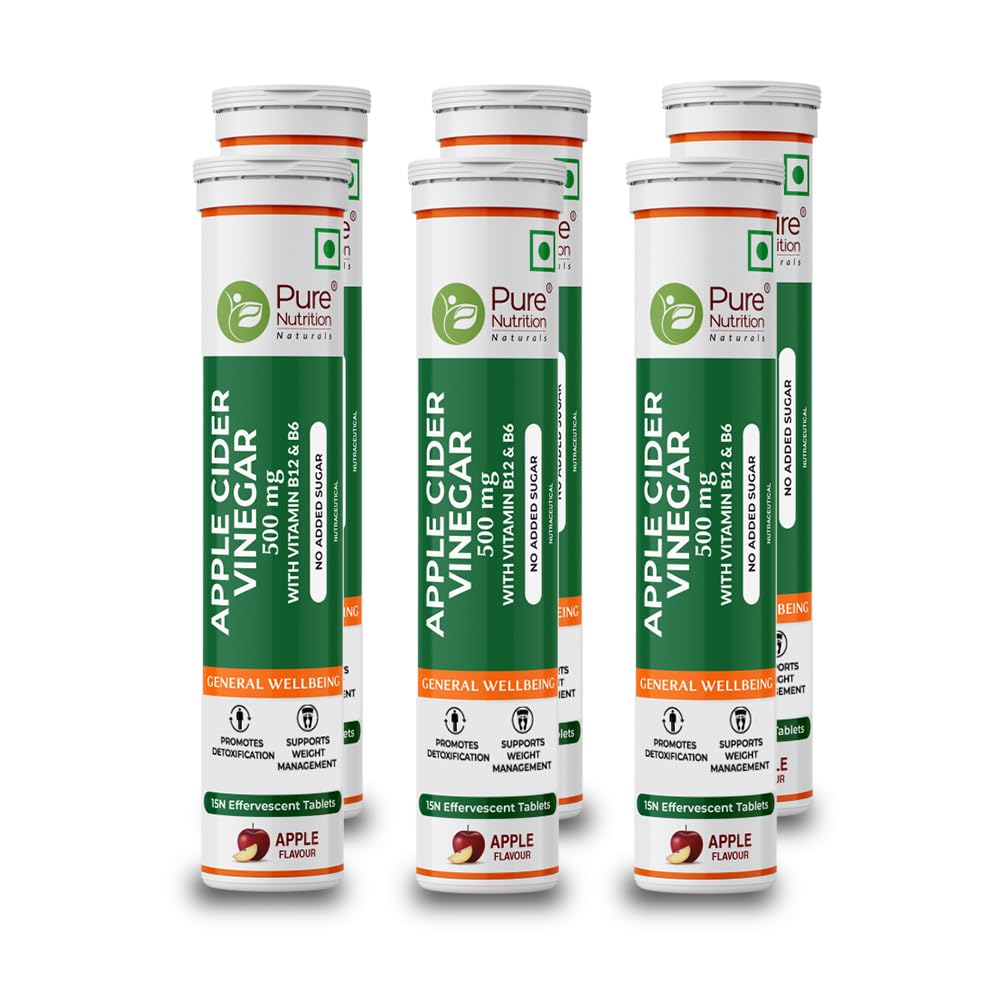 pure nutrition acv 90 effervescent tabs (15 x 6) for weight management & gut health | apple cider vinegar with mother, vitamin b12 & garcinia cambogia to enhance metabolic function & easy digestion