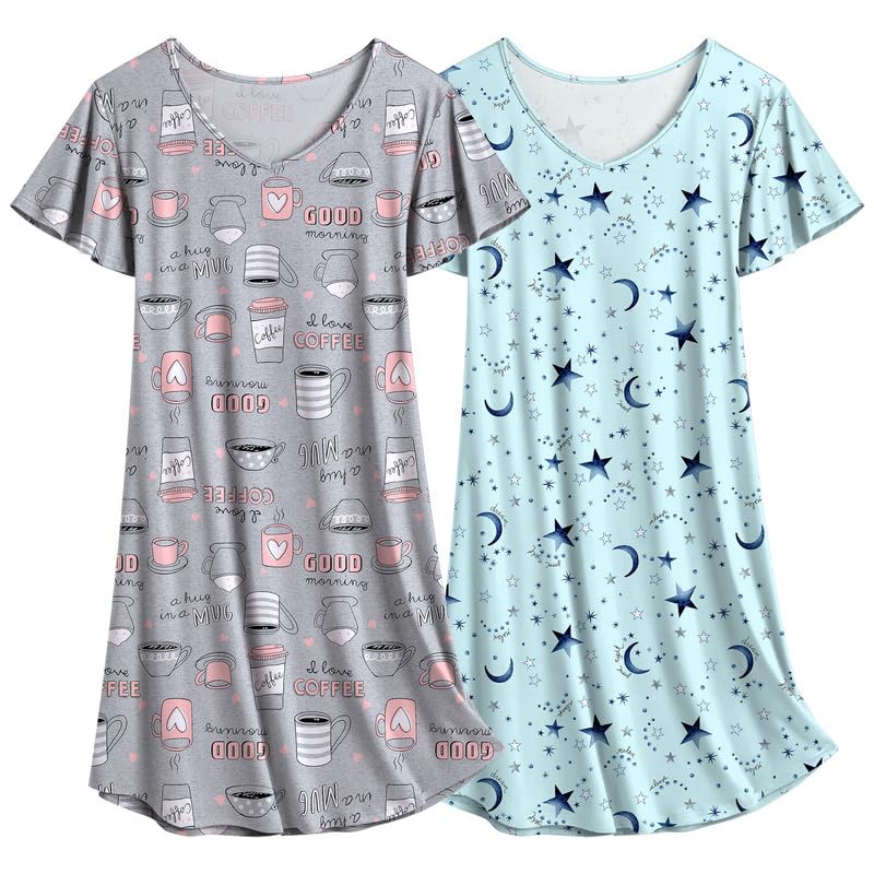 Ekouaer Camisón de Mujer de Manga Corta, Paquete de 2 Piezas, Lindos Camisones de Verano Estampados, L Estrella + café