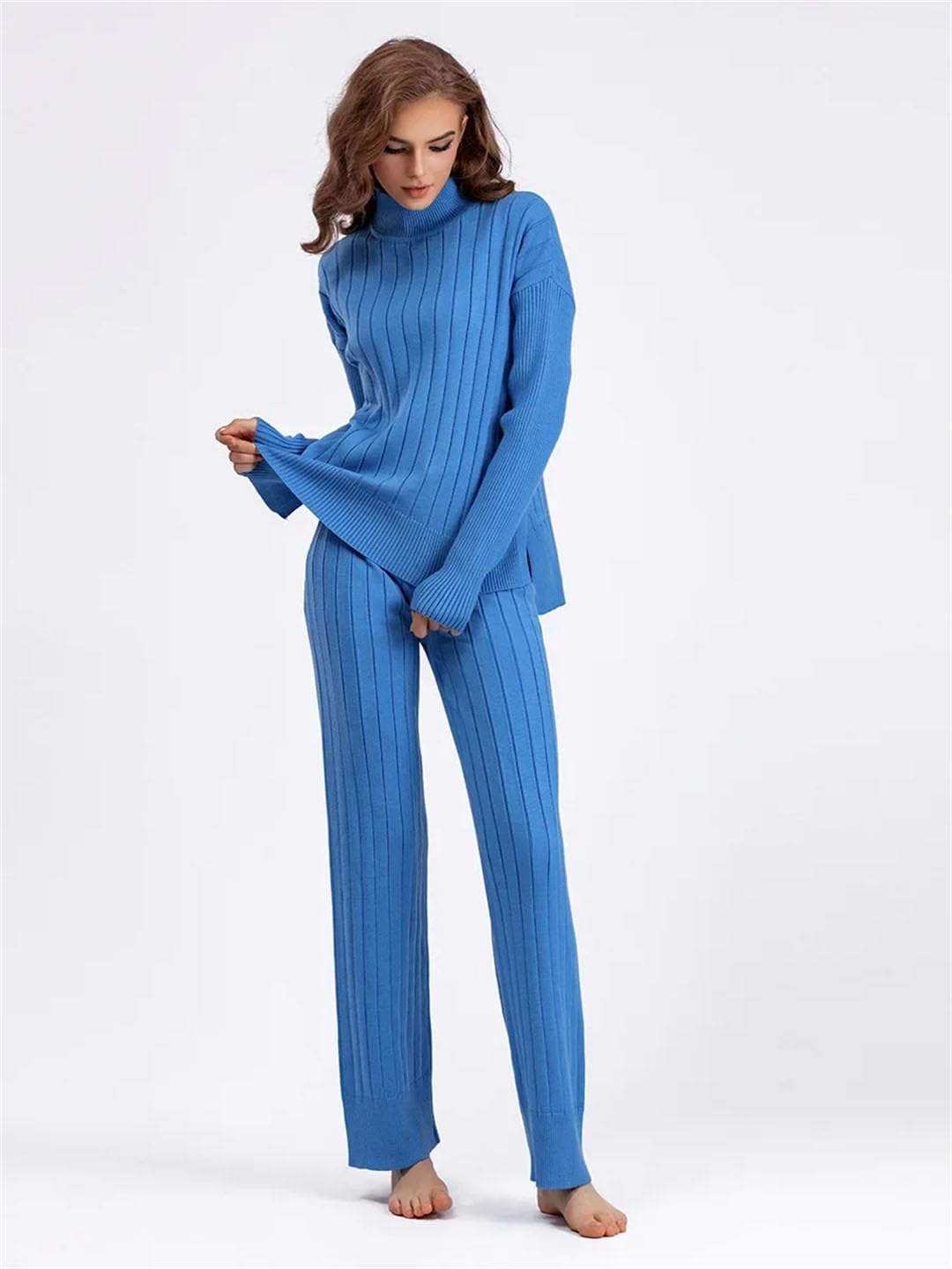 Donne Mezzo Dolcevita Manica Lunga Maglione Pullover Conjuntos Maglia Spessa Set 2 Pezzi Pantaloni Della Tuta A Vita Alta Abiti, Beige, L