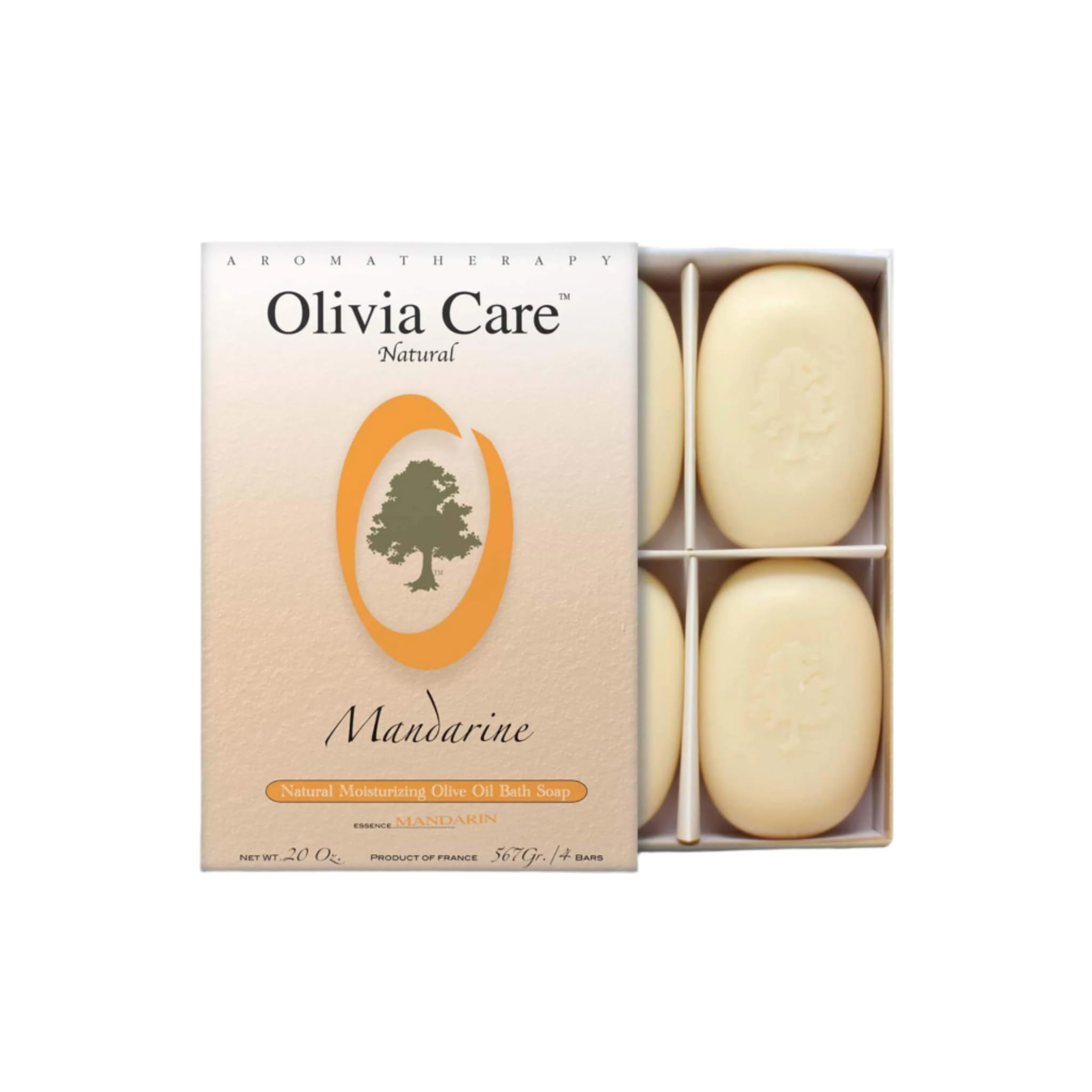 Olivia Care Bath & Body Bar Mandarin Soap 4 Pack Gift Box Organic, Vegan & Natural Contains Olive Oil Repairs, Hydrates, Moisturizes & Deep Cleans Good for Sensitive Dry Skin Made in USA