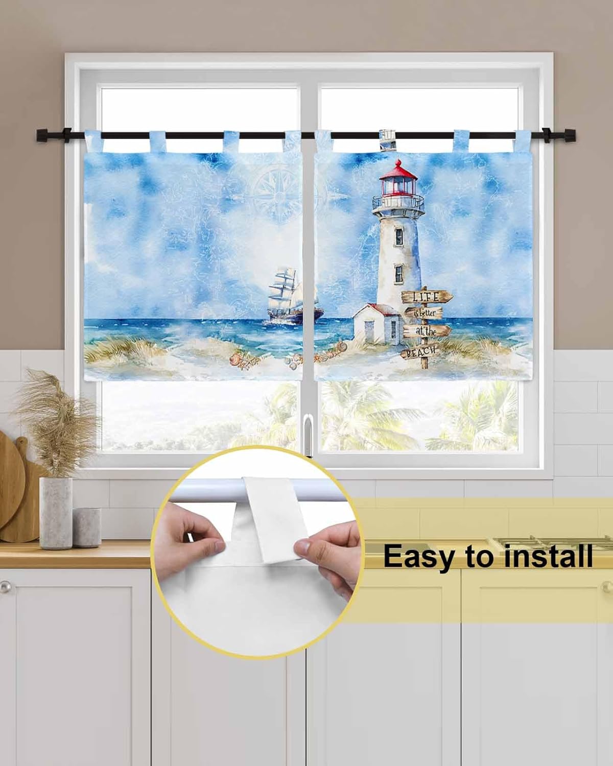 Blue Lighthouse Kitchen Curtains 24 Inch Length, Beach Nautical Sky Ship Small Window Curtains Tab Top, Ocean Coastal Seashells Light Filtering Short Window Treatments Tier Drapes 27.5"x24" 2 Panel