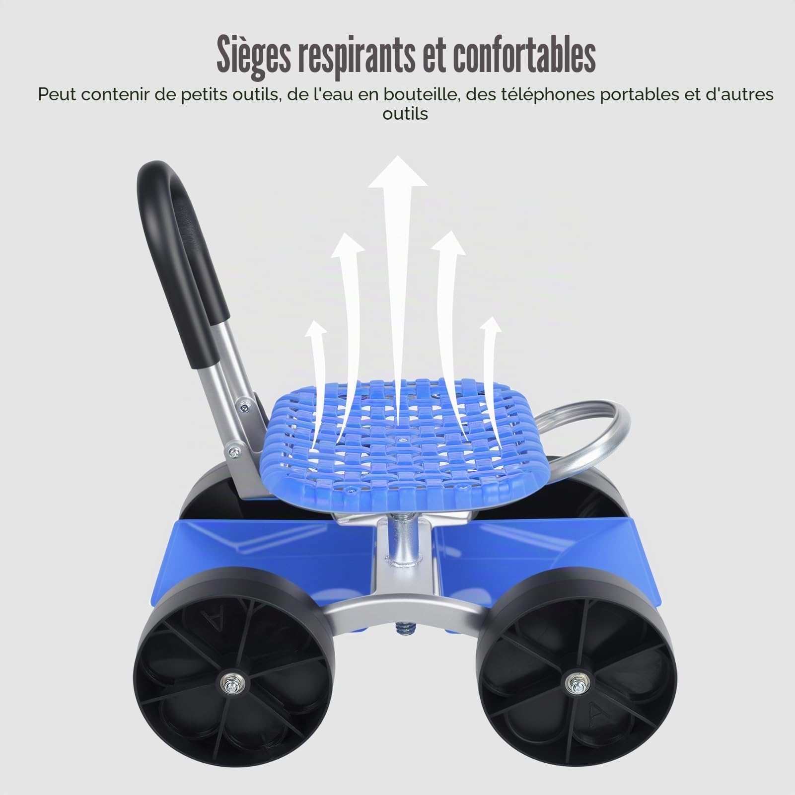Siège de Travail Jardin Roulant avec roulettes – Tabouret Jardinage à Hauteur réglable pour Plantation, Chariot pivotant 360° siège, Plateau Rangement Outils, Chaise extérieur, Patio et Bleu