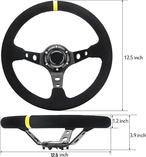 Miniatura 6 de Volante de carreras de rayas amarillas Cuero de gamuza 12.5 "12.598 in Radios de aluminio Drifting Deep Dish Volante deportivo con botón de cuerno