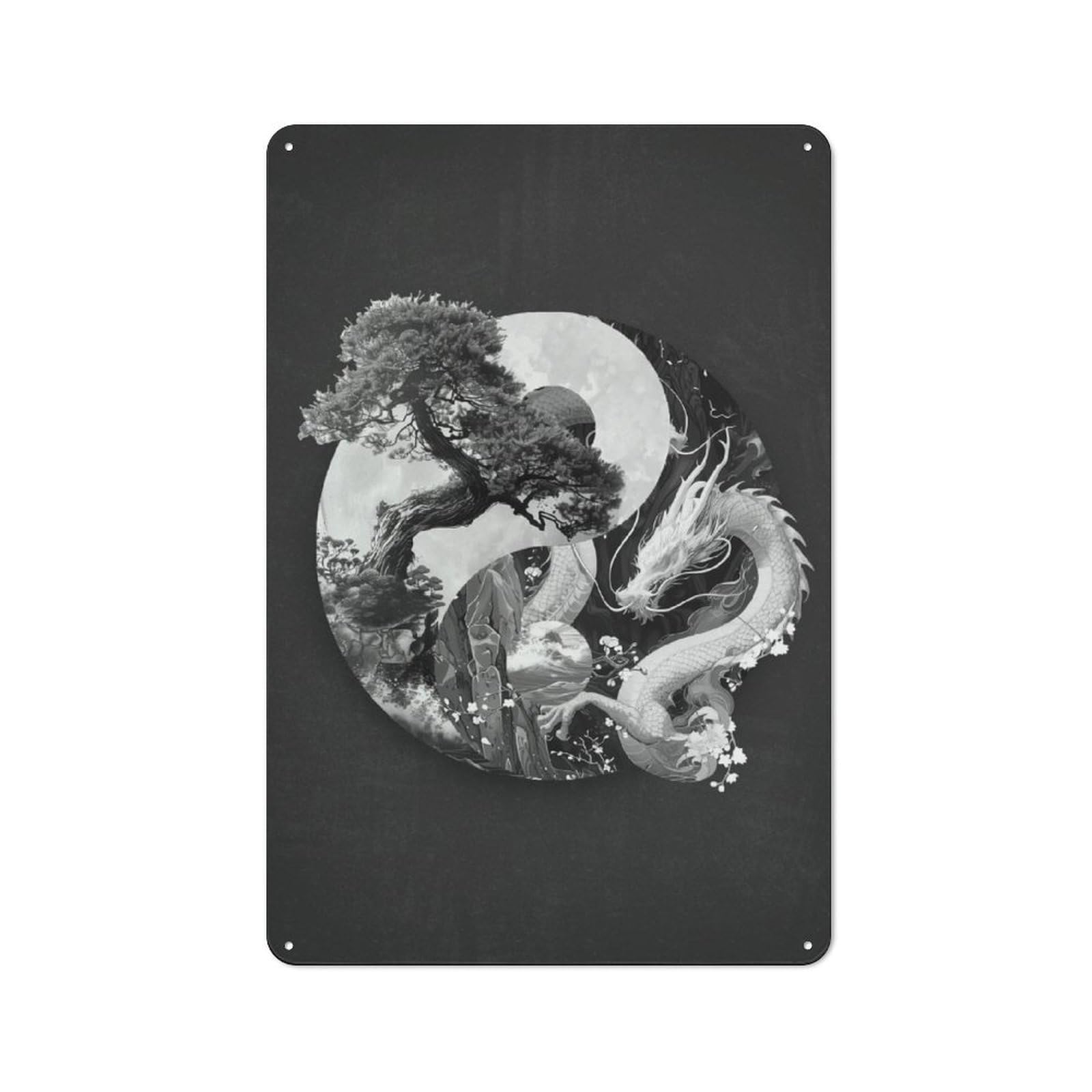 Junmoney Yin Yang Bonsai Dragon Rustic Metal Sign 30X20cm Featuring For Living Room Wall, For Vintage Wall Decor Fans, For Metal Sign Collectors